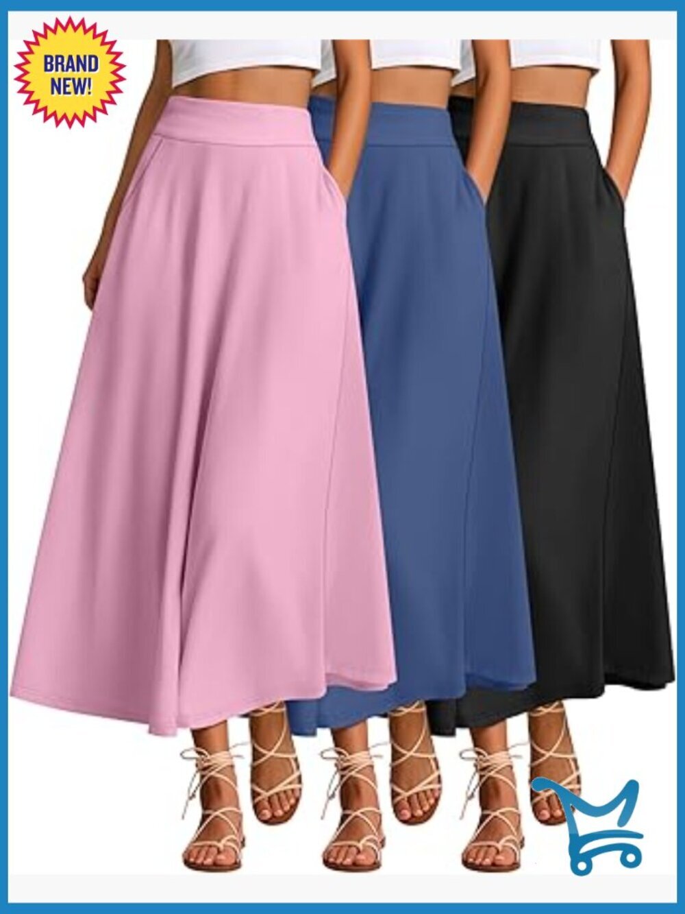 3 Pack Maxi Long Skirts with Pockets, A Line Ankle Length High Waisted Flowy
